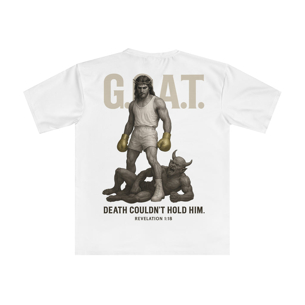 Graphic T-shirt - UNASHAMED G O A T Tee – Jesus vs Satan Victory | Revelation 1:18