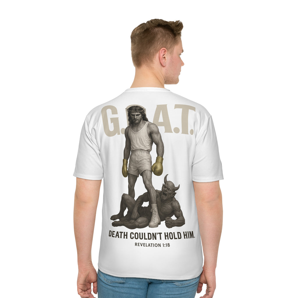 Graphic T-shirt - UNASHAMED G O A T Tee – Jesus vs Satan Victory | Revelation 1:18